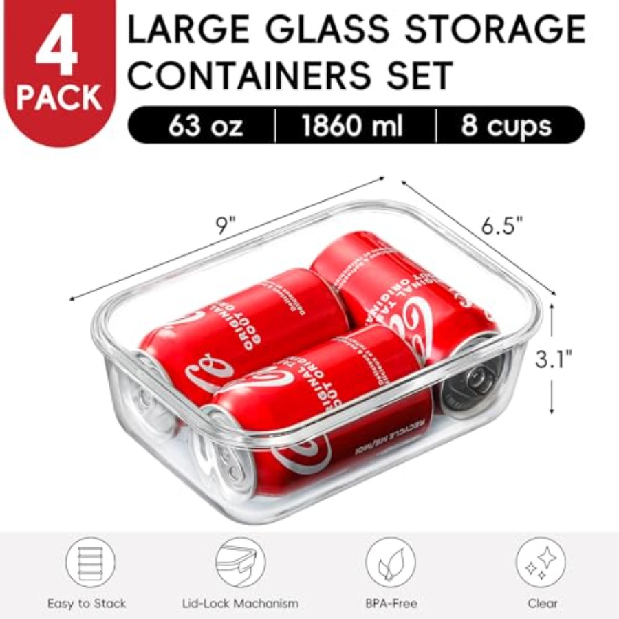 4 Pack 8 Cups/ 63oz Large Glas - Food Storage Prep Containers recensione e prezzo